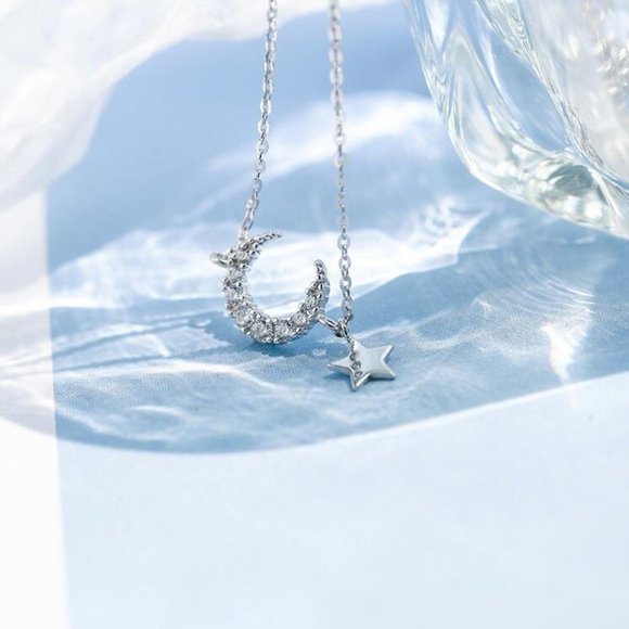 NEW Diamond Moon Star Sterling Silver Necklace - Picture 5 of 9